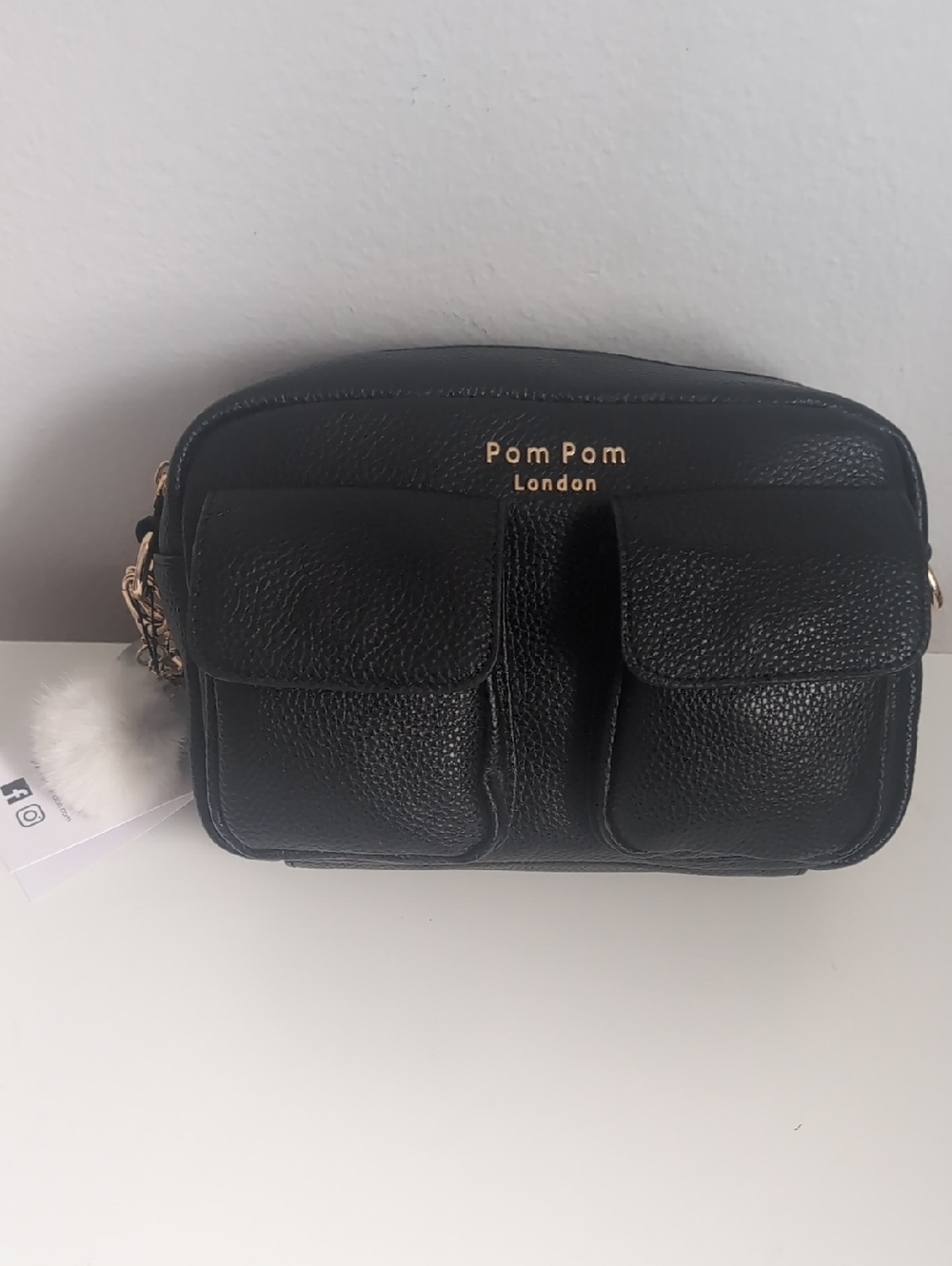 New With Tags Pom Pom London Black Leather Crossbody Bag Small Size.